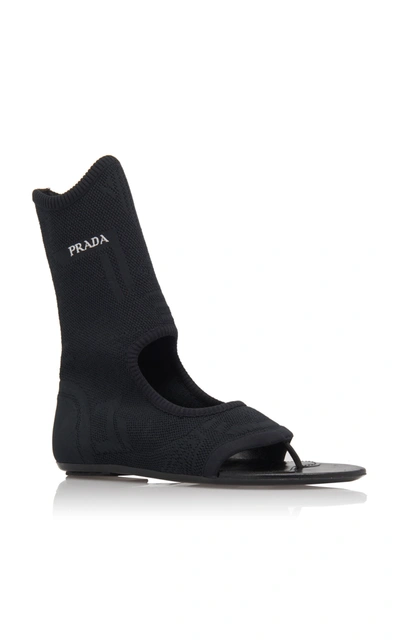 Shop Prada Knitted Flat Sandals In Black