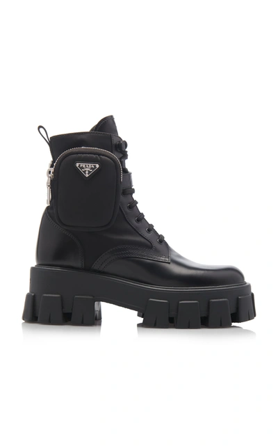 Shop Prada Pouch-detailed Leather Lace-up Boots In Black