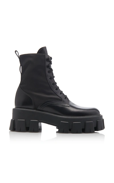 Shop Prada Pouch-detailed Leather Lace-up Boots In Black