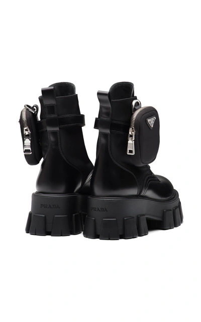 Shop Prada Pouch-detailed Leather Lace-up Boots In Black