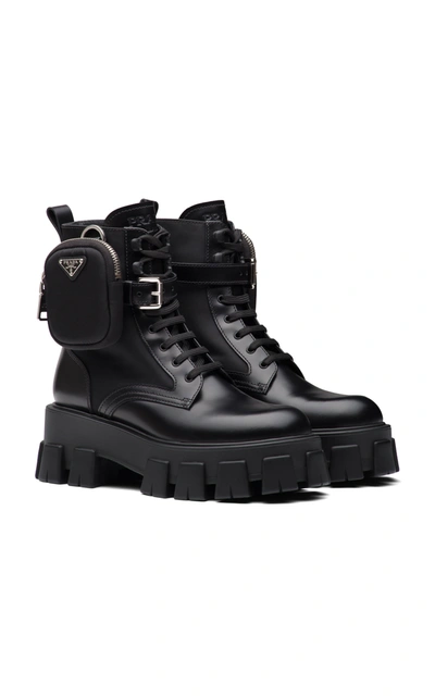 Shop Prada Pouch-detailed Leather Lace-up Boots In Black