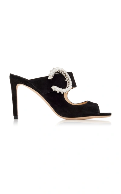 Shop Jimmy Choo Saf Crystal-embellished Velvet Sandals In Black