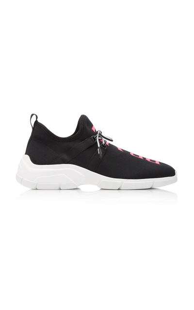 Shop Prada Leather-trimmed Intarsia Stretch-knit Sneakers In Black
