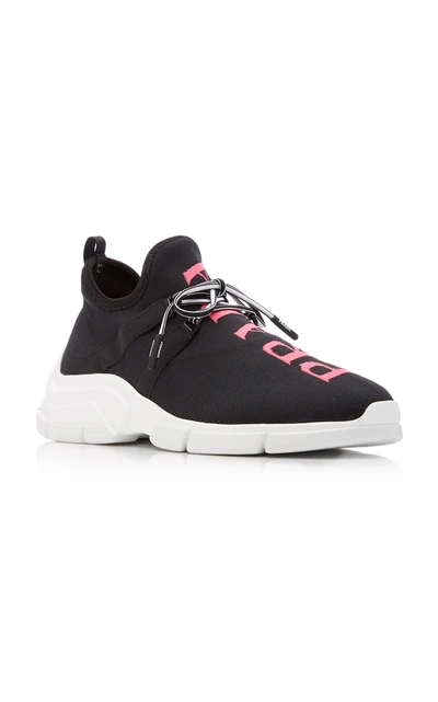 Shop Prada Leather-trimmed Intarsia Stretch-knit Sneakers In Black