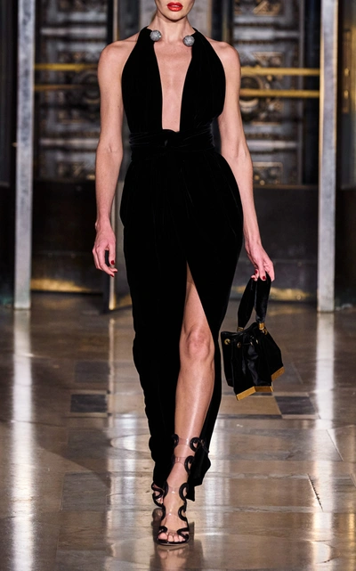 Shop Oscar De La Renta Women's Embellished Halterneck Velvet Maxi Dress In Black