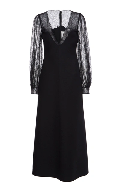 Shop Valentino Lace-detailed Wool-silk Maxi Dress In Black