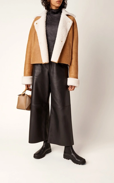 Shop Loewe Cropped Shearling Jacket In Brown