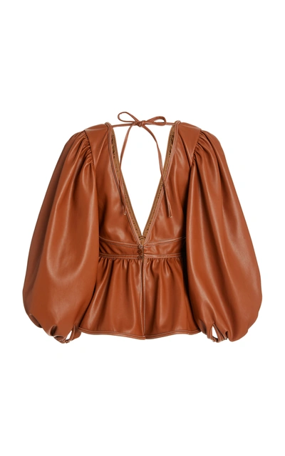 Shop Staud Luna Puffed-sleeve Vegan Leather Top In Brown