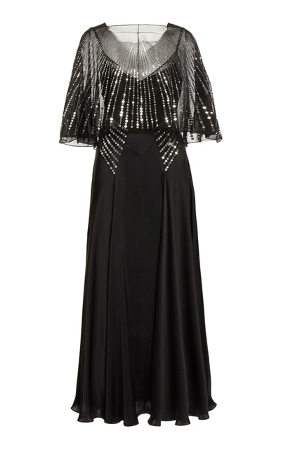 Shop Rabanne Sequin-embellished Cape-effect Satin Maxi Dress In Black