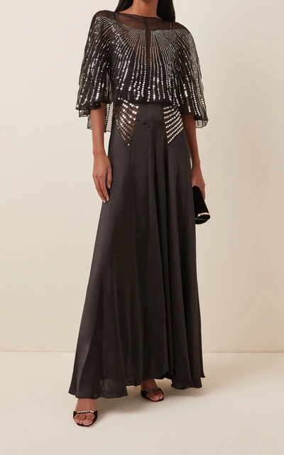 Shop Paco Rabanne Sequin-embellished Cape-effect Satin Maxi Dress In Black