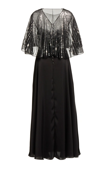 Shop Paco Rabanne Sequin-embellished Cape-effect Satin Maxi Dress In Black