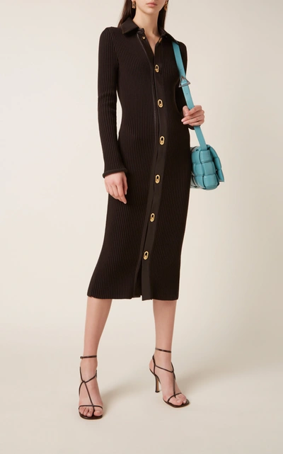 Shop Bottega Veneta Collared Knitted Wool-blend Midi Dress In Black