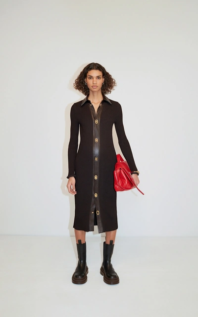 Shop Bottega Veneta Collared Knitted Wool-blend Midi Dress In Black