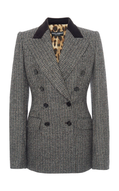 Shop Dolce & Gabbana Plaid Double-breasted Wool-blend Blazer In Grey