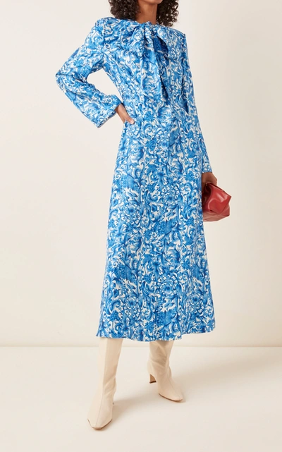 Shop Valentino Grace-print Silk Tie-neck Midi Dress