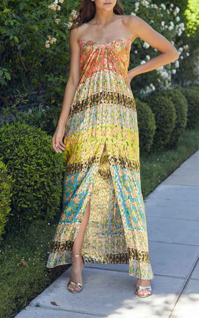 Shop Monique Lhuillier Printed Strapless Silk-blend Lame Dress In Multi