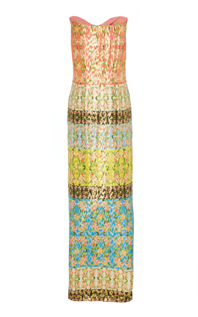 Shop Monique Lhuillier Printed Strapless Silk-blend Lame Dress In Multi