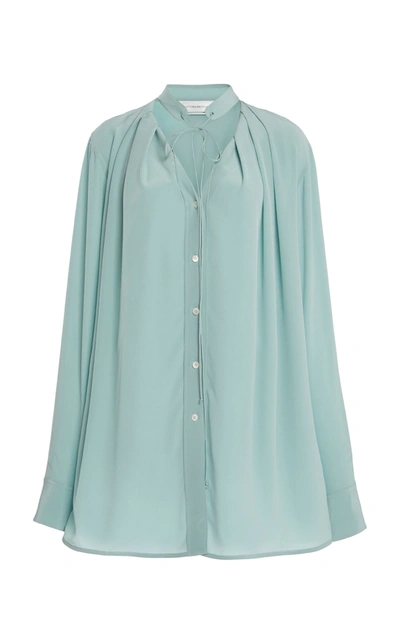 Shop Victoria Beckham Pleated V-neck Silk Blouse In Blue