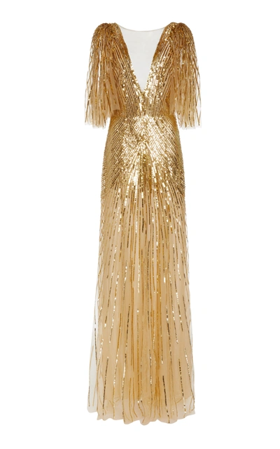 Shop Monique Lhuillier Sequined Chiffon Low-back Gown In Gold