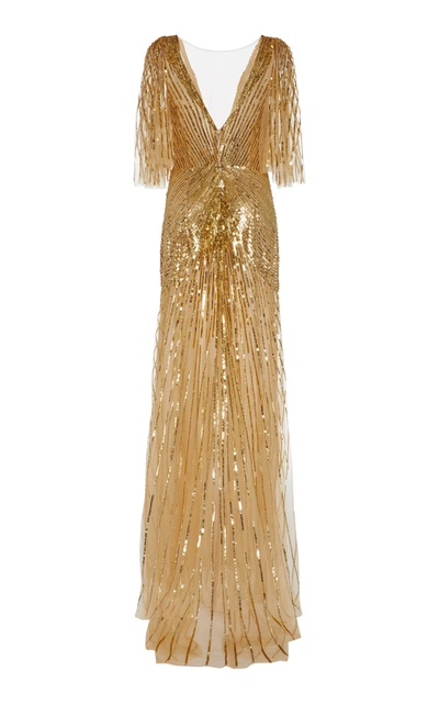 Shop Monique Lhuillier Sequined Chiffon Low-back Gown In Gold