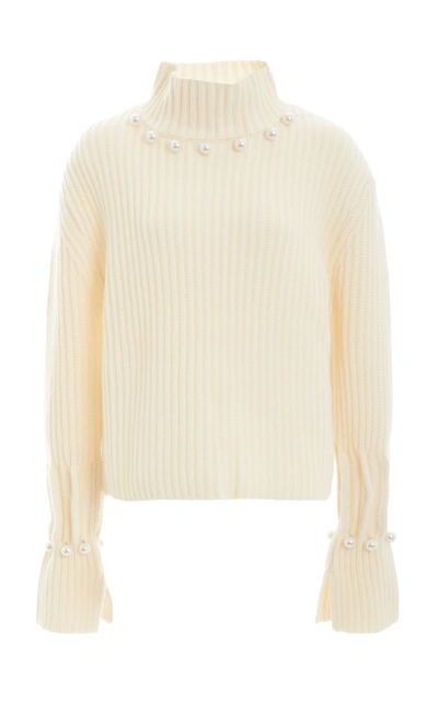 Shop Jw Anderson Pearl-embellished Wool-cashmere Turtleneck Sweater In White