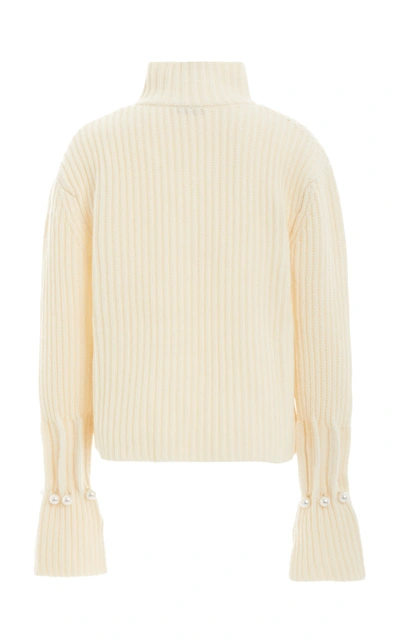 Shop Jw Anderson Pearl-embellished Wool-cashmere Turtleneck Sweater In White