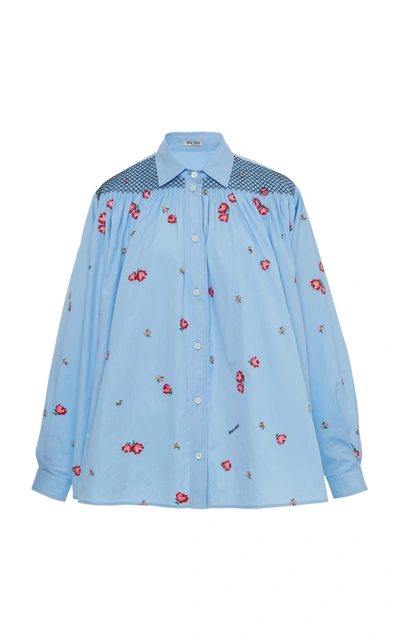Shop Miu Miu Smocked Button Down Shirt In Blue