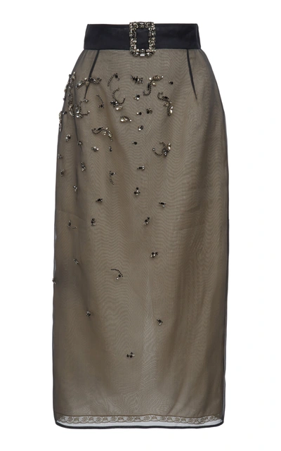 Shop Prada Embellished Organza Midi Skirt In Grey