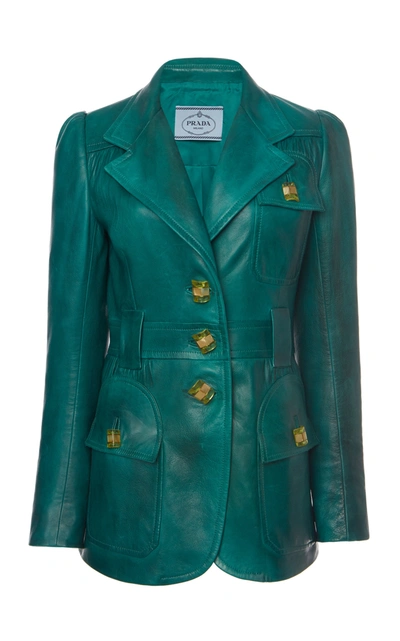 Shop Prada Embellished Leather Blazer In Green