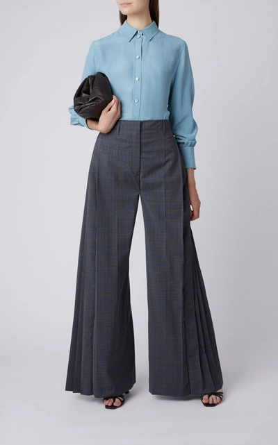 Shop Prada Pleated Checked Wide-leg Pants In Grey