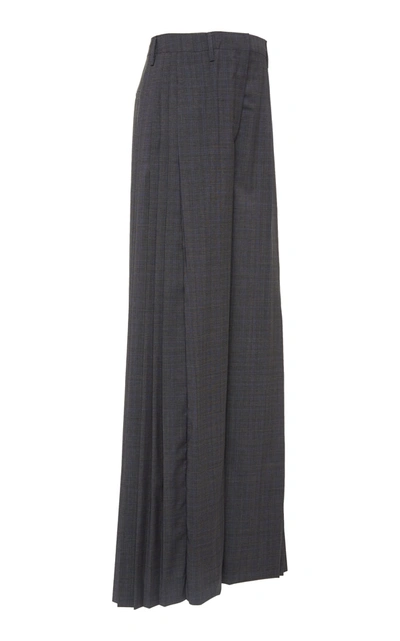 Shop Prada Pleated Checked Wide-leg Pants In Grey