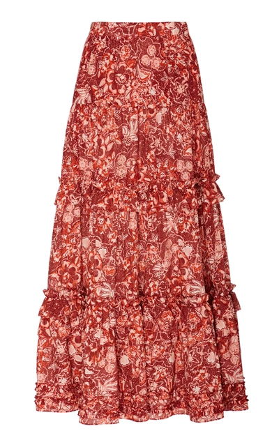 Shop Ulla Johnson Amalia Floral-print Cotton-blend Midi Skirt In Orange