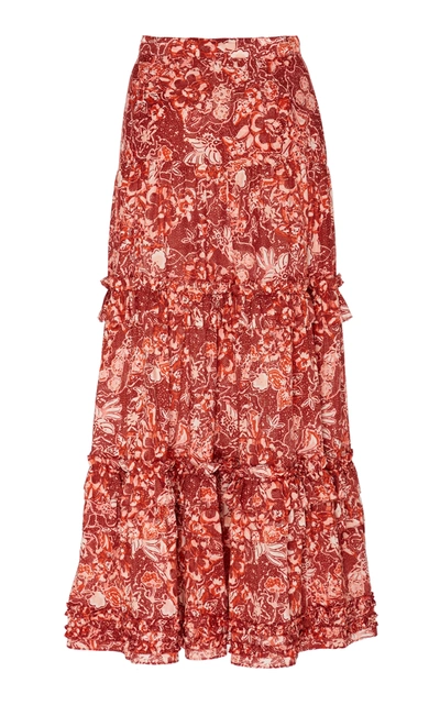 Shop Ulla Johnson Amalia Floral-print Cotton-blend Midi Skirt In Orange