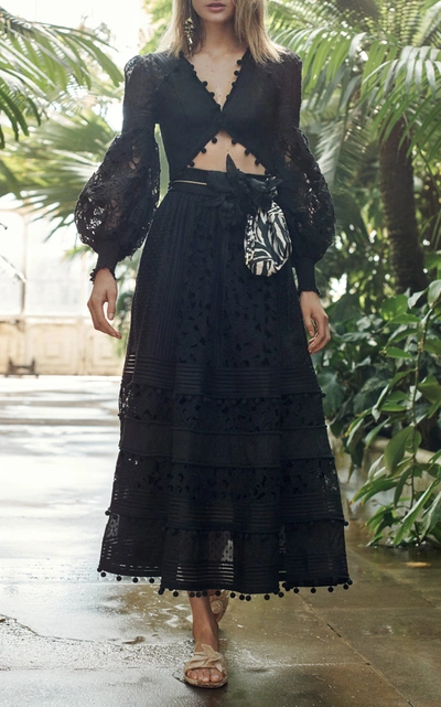 Shop Zimmermann Corsage Embellished Silk-linen Midi Skirt In Black