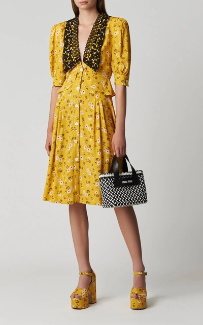 Miu Miu Daisy-print Lace-collar Dress In Yellow