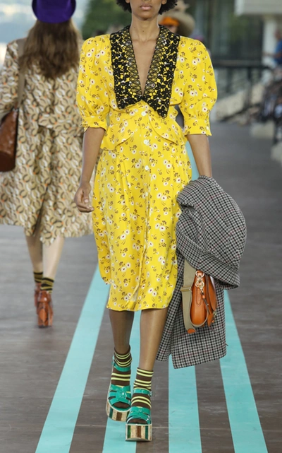 Miu Miu Daisy-print Lace-collar Dress In Yellow