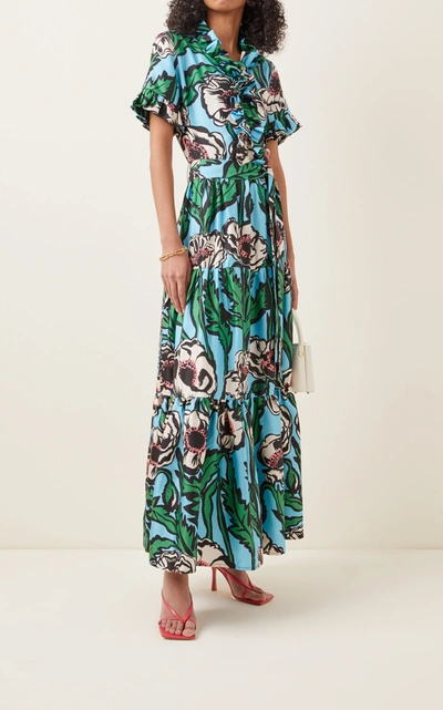 Shop La Doublej Long And Sassy Ruffled Floral Silk Maxi Dress In Print