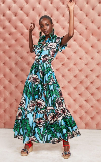 Shop La Doublej Long And Sassy Ruffled Floral Silk Maxi Dress In Print