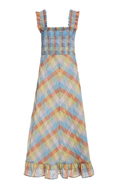 Shop Ganni Women's Seersucker Plaid Cotton-blend Midi Dress