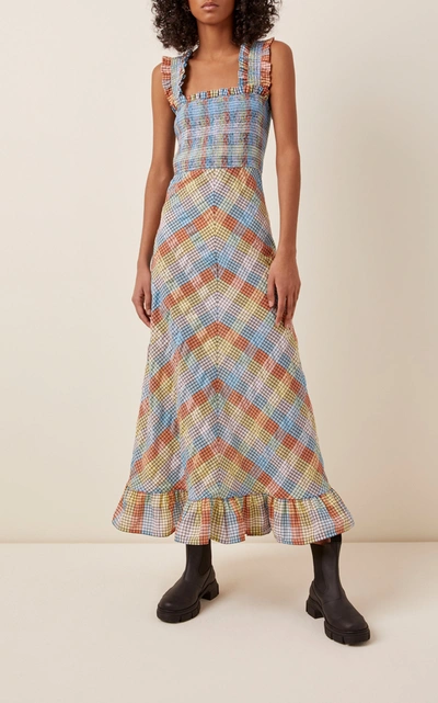 Shop Ganni Women's Seersucker Plaid Cotton-blend Midi Dress