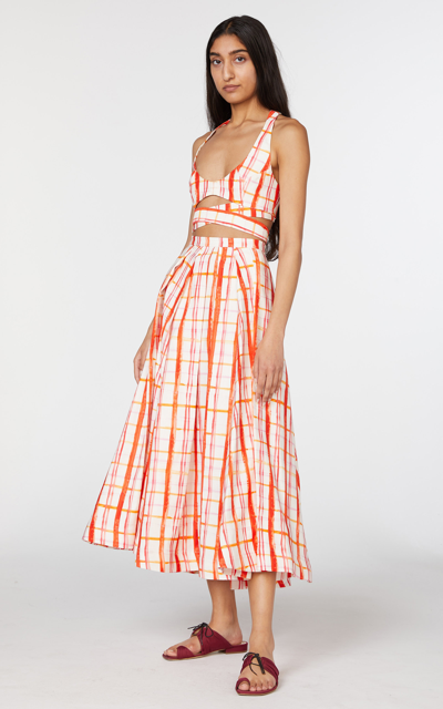 Shop Rosie Assoulin Pleated Plaid Cotton-blend Midi Skirt