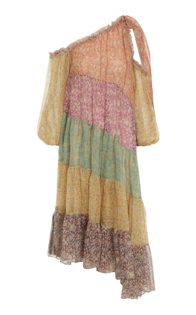 Shop Zimmermann Women's Carnaby Tiered Floral Silk Asymmetric Midi Dress In Print