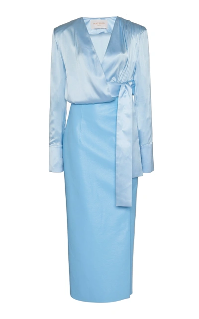 Shop Materiel Silk And Faux Leather Midi Wrap Dress In Blue