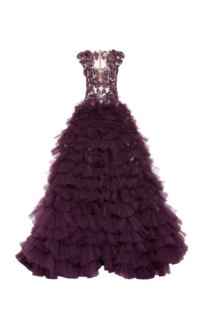 Shop Pamella Roland Tulle Gown With Embroidered Bodice In Burgundy