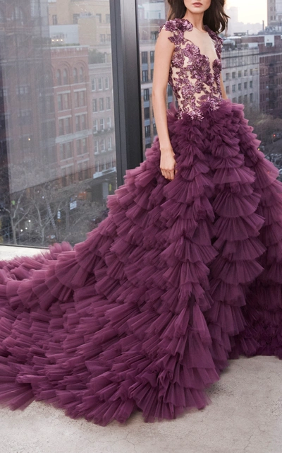 Shop Pamella Roland Tulle Gown With Embroidered Bodice In Burgundy