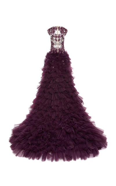 Shop Pamella Roland Tulle Gown With Embroidered Bodice In Burgundy