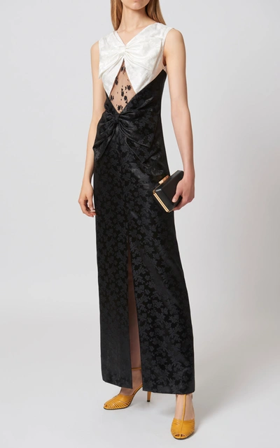 Shop Givenchy Bow-embellished Lace-paneled Floral-brocade Gown In Black/white