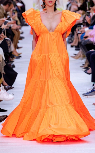 Shop Valentino Ruffled Neckline Deep-v Gown In Orange