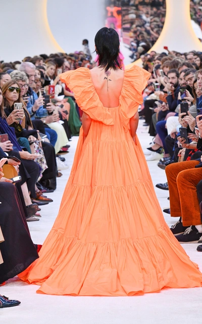 Shop Valentino Ruffled Neckline Deep-v Gown In Orange