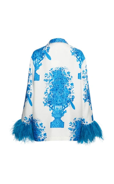 Shop Valentino Feather-trimmed Grace-print Silk Top